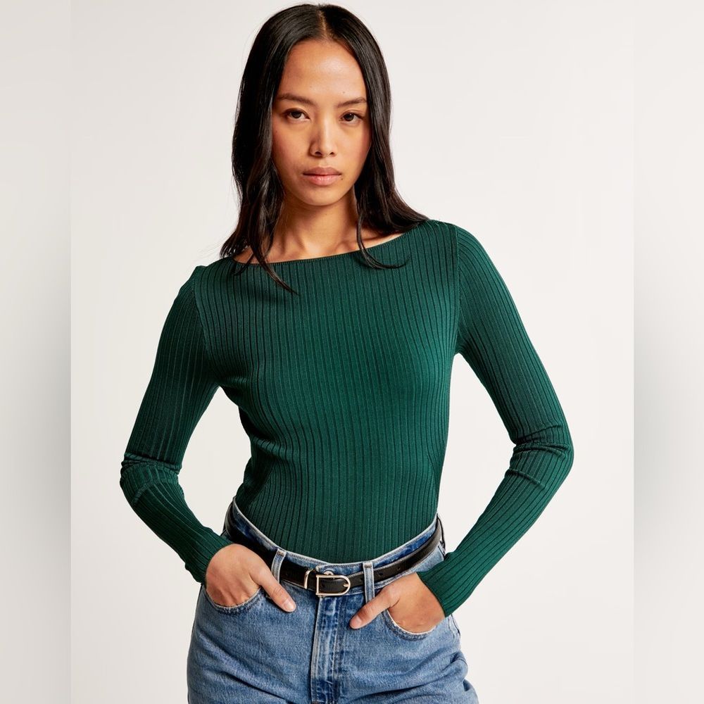 NWT Abercrombie & Fitch Green Glossy Slash Sweater Top Size Large